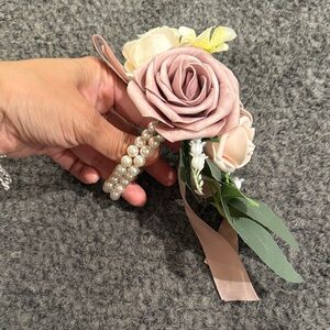 Elegant Pink Rose Corsage with Pearl Bracelet